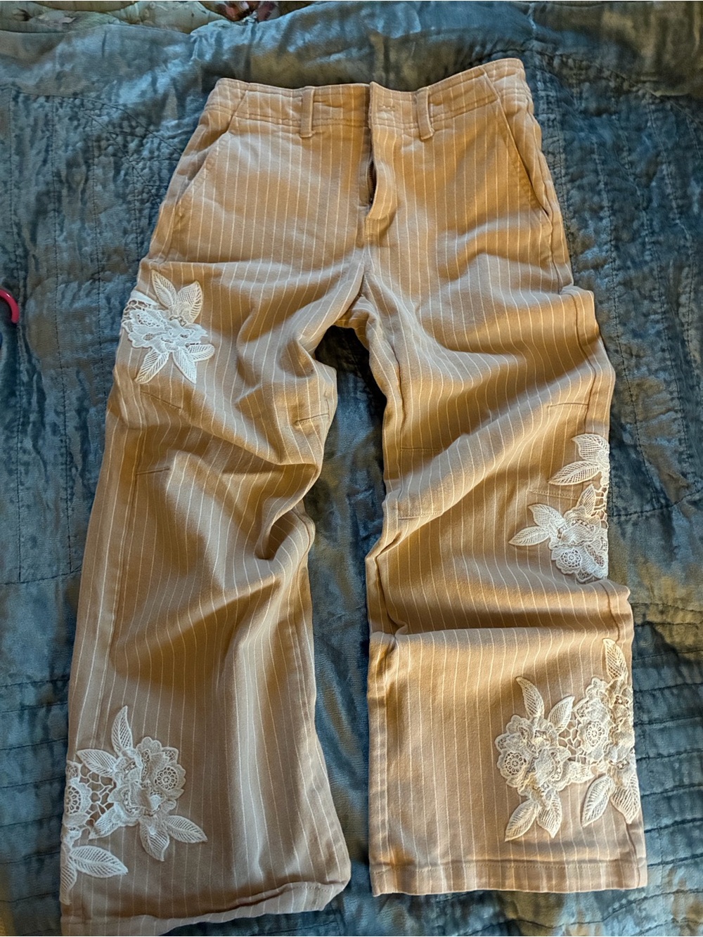 Anthropologie Tan Pinstriped Chinos with White Floral Embroidery